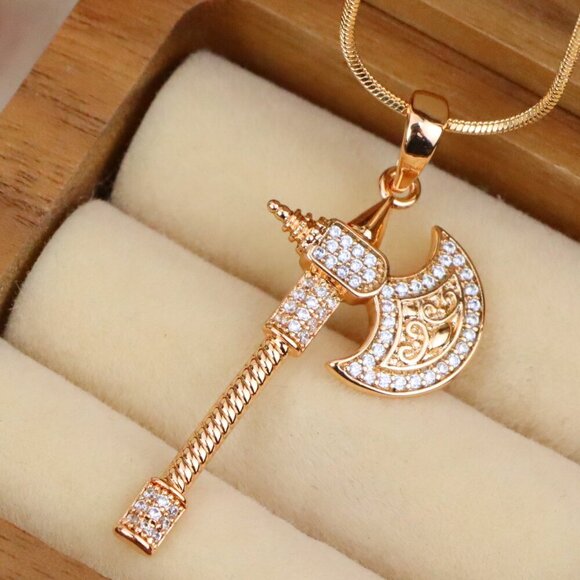 "Rose Gold Axe Pendant with Sparkling Stones – Elegant Design XPPT1381 - Picture 1 of 13